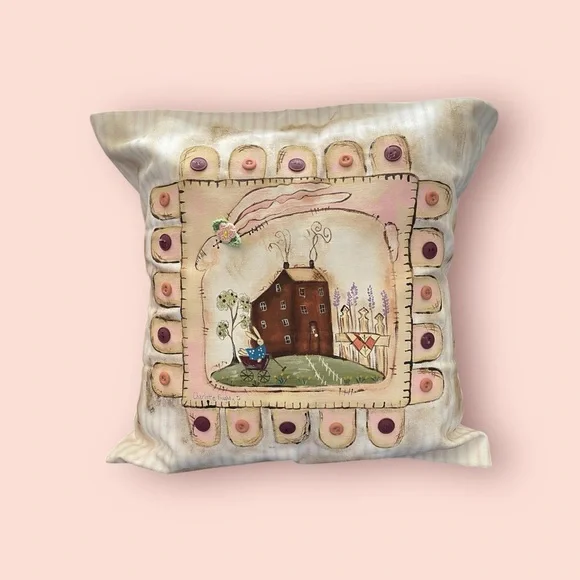 Handmade, Whimsical Decorative Pillow with House Design - Picture 1 of 2